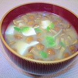 簡単☆お腹いっぱい☆なめこと豆腐と豆苗のお味噌汁